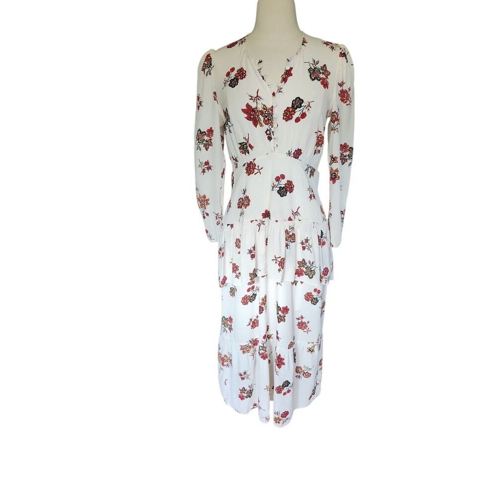 A.L.C. 100% Silk Drop Waist Tiered Midi Dress Women 6 Cream Floral Prairie Boho